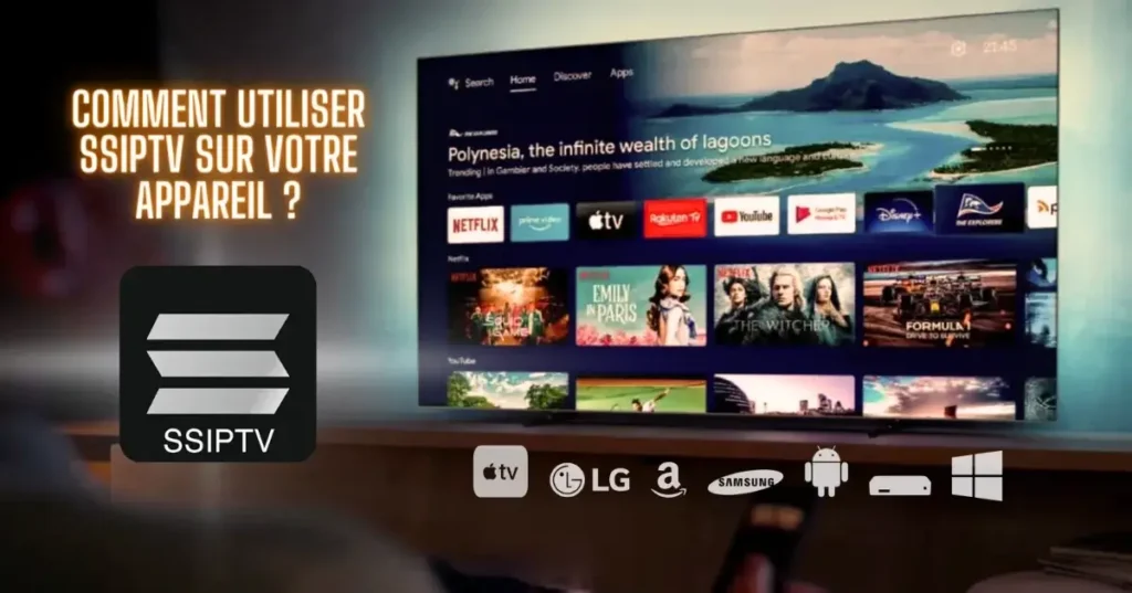 Interface de ss iptv sur Smart TV moderne avec utilisateurs regardant des chaînes IPTV en 2025