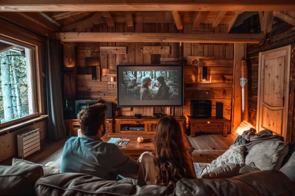 Famille profitant d’un abonnementIPTV sur grand écran avec VOD illimitée et milliers de chaînes