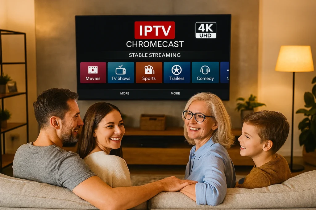 Famille profitant d’un abonnement xtream iptv stable avec IPTV CHROMECAST sur un écran 4K UHD.