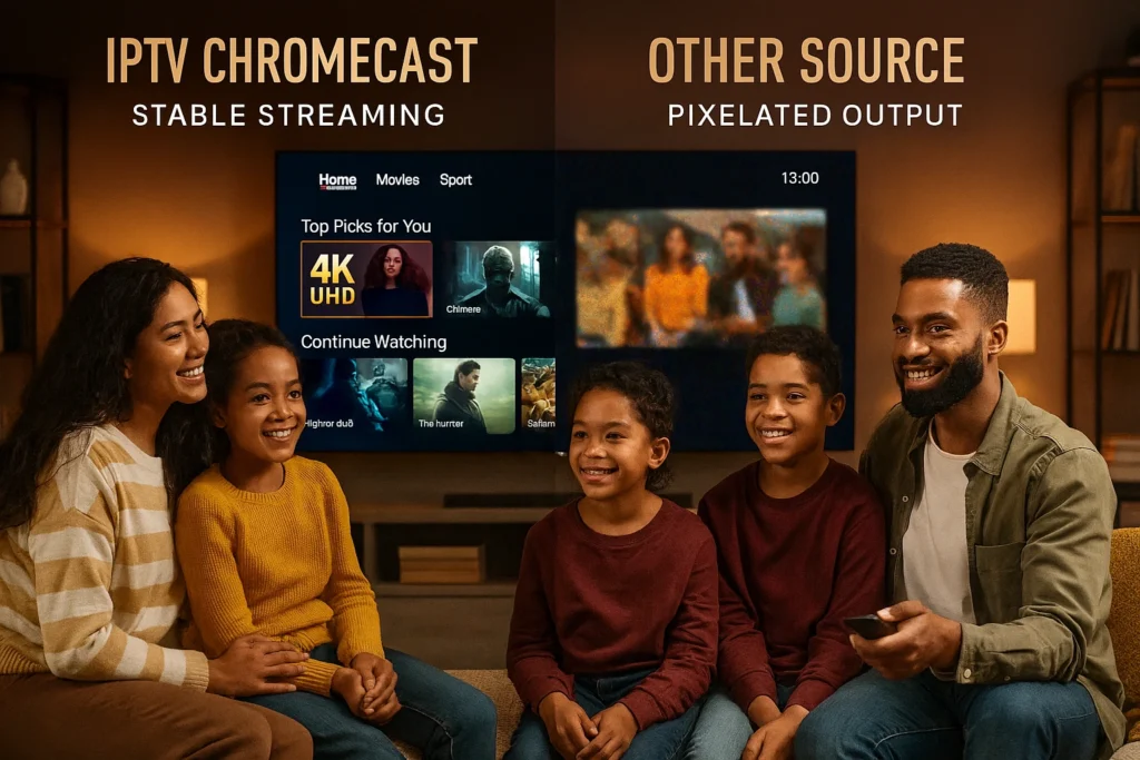 Comparaison entre streaming IPTV stable avec fournisseur iptv xtream IPTV CHROMECAST et qualité inférieure.